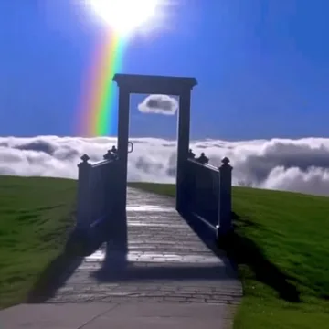 Blue door standing below a rainbow above clouds.