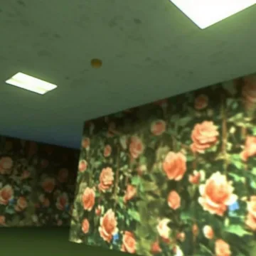 Flower-covered walls in a green room.