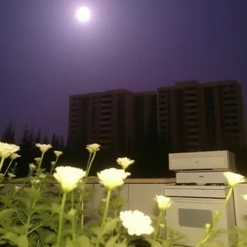 Flowers beside an old computer under a purple moon.