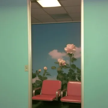 Roses and red chairs beyond a green doorway.