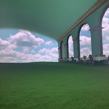 Grassy room with arched openings onto clouds.