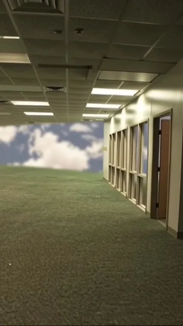 Long carpeted corridor opening onto clouds.