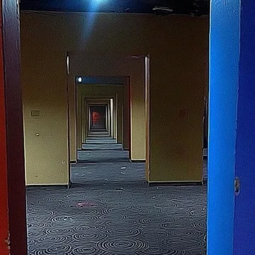 Receding doorways in a blue-carpeted corridor.