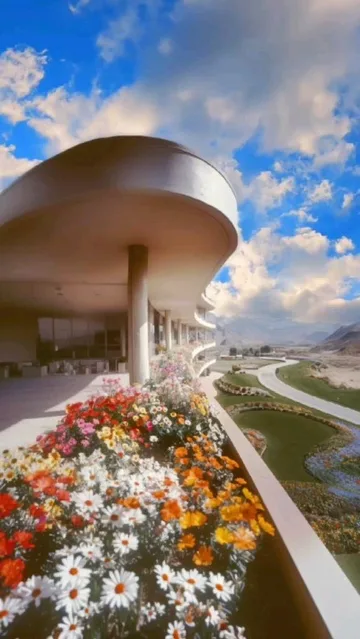 Flowers below a rounded concrete tower.