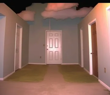 Pastel hallway with clouds along the ceiling.