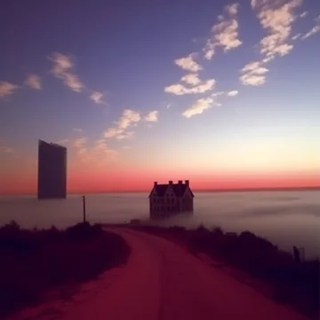 Distant floating house above a path at sunset.
