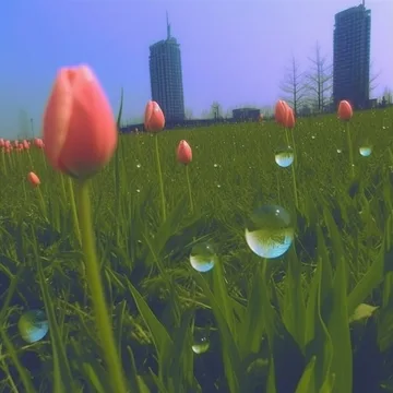 Tulips and bubbles in grass beneath a blue sky.