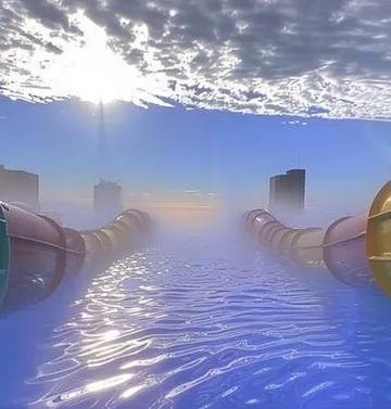 Twin water slides above clouds beneath a blue sky.