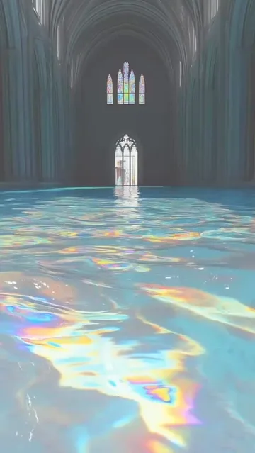 Rainbow reflections in a flooded vaulted hall.