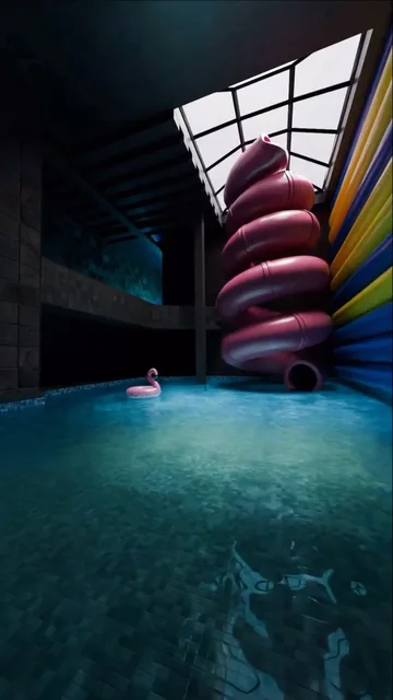 Spiral slide in a dark blue indoor pool.