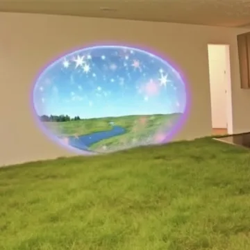Oval opening onto a starry sky in a grassy room.
