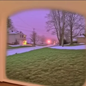 Arch framing a neighborhood at pink sunset.