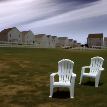 Two white chairs in a field beside houses.