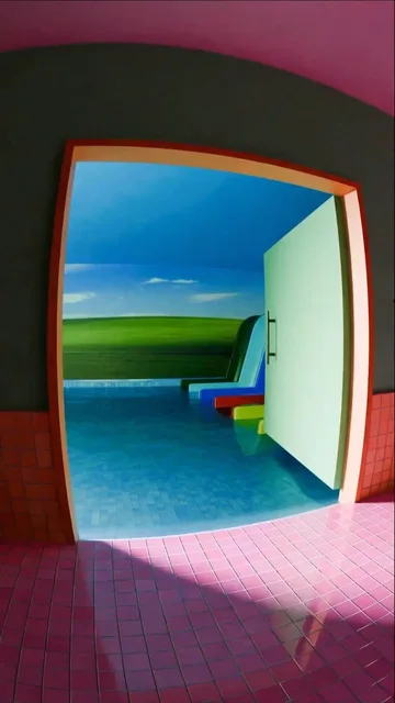 Colorful room framed by an open door.