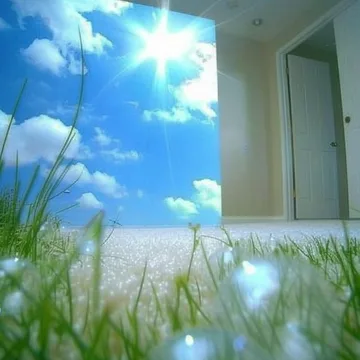 Flowers beside an open door to bright blue sky.