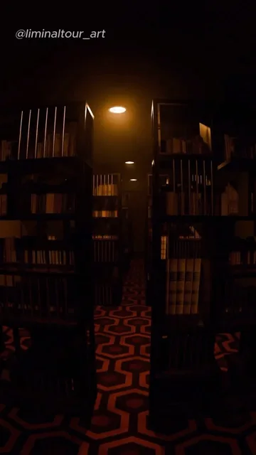 Dimly illuminated empty library.