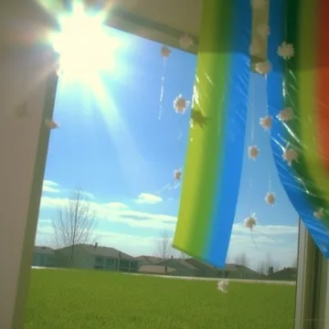 Bright curtains beside a window onto a field.