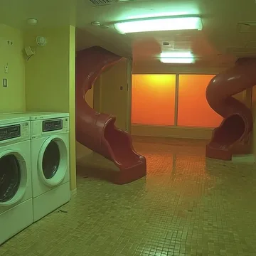 Washing machine and a slide in a green-lit room.