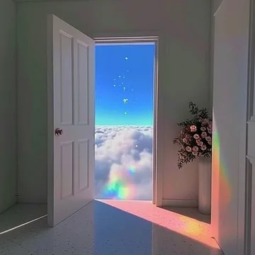 White door opening onto clouds.