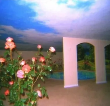 Roses beside a pale arch under a blue sky.