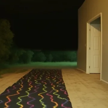 Patterned carpet beside a door opening into night.