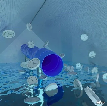 Bubbles and a blue tube slide in a pool.