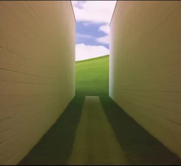 Narrow green passage opening onto sky.