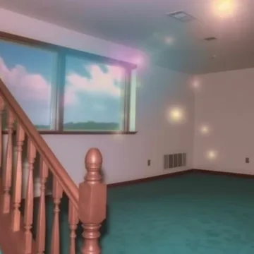 Pink staircase beneath a cloud-filled window.
