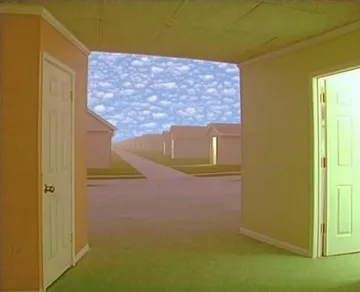 Open doors onto a pale surreal landscape.