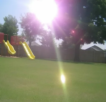 Two slides on a lawn beneath a bright sun.