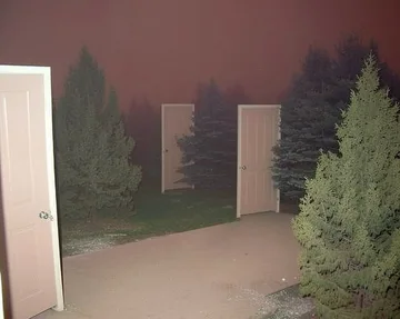 Open door to a tree-lined path at dusk.