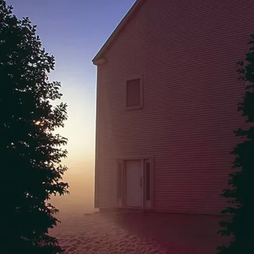 Pink house beside trees in the evening.
