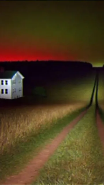 White house beside a path under a red horizon.
