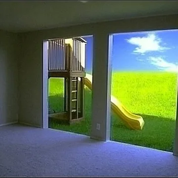 Double doors overlooking grass and a yellow slide.