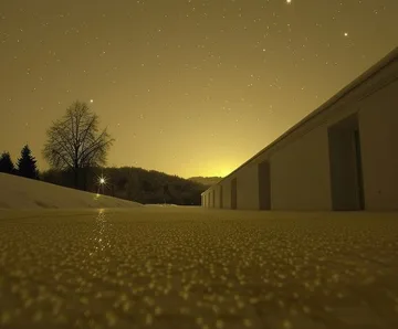 Field beside a long building beneath a yellow night sky.