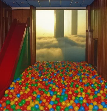 Red slide descending into a ball pit.