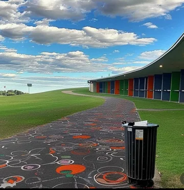 Patterned walkway beside an open grassy landscape.