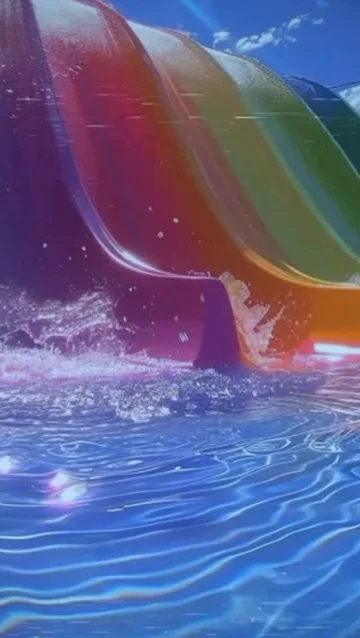 Rainbow water slide in blue sunlight.