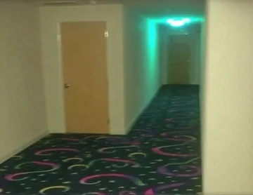 Green-lit doorway beyond patterned carpeting.