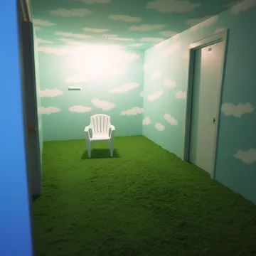 White chair in a grassy room with cloud walls.