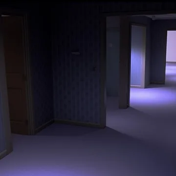 Dark corridor with purple light beyond.