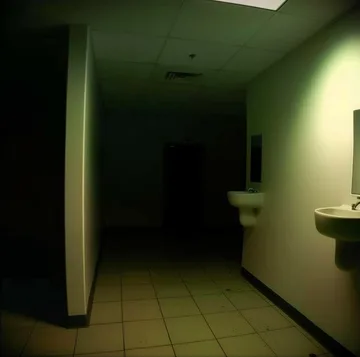 Dark doorway in a green-tiled room.
