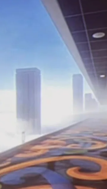 Patterned walkway above clouds and distant towers.