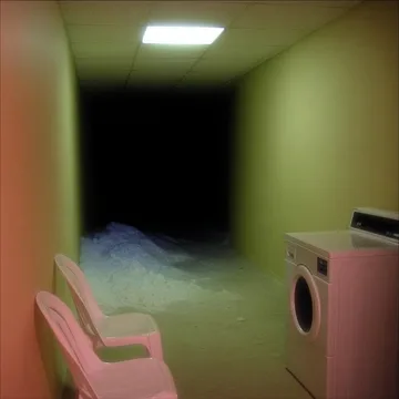 Chair and washing machine in a green-lit room.