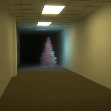 Small illuminated tree at the end of a dark hallway.