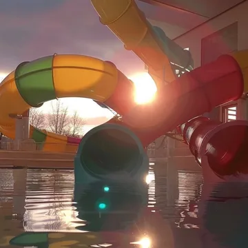 Rainbow slide above water in an indoor atrium.