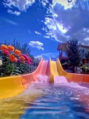 Rainbow slide surrounded by roses under a blue sky.