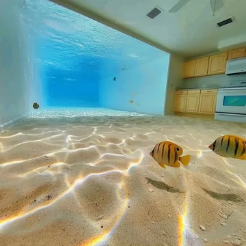 Fish and rippling sand inside a flooded room.