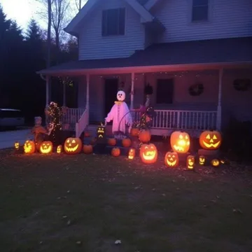 Pumpkins lighting the porch of a house at night.