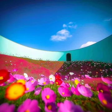 Bright flowers beneath a blue opening in curved walls.
